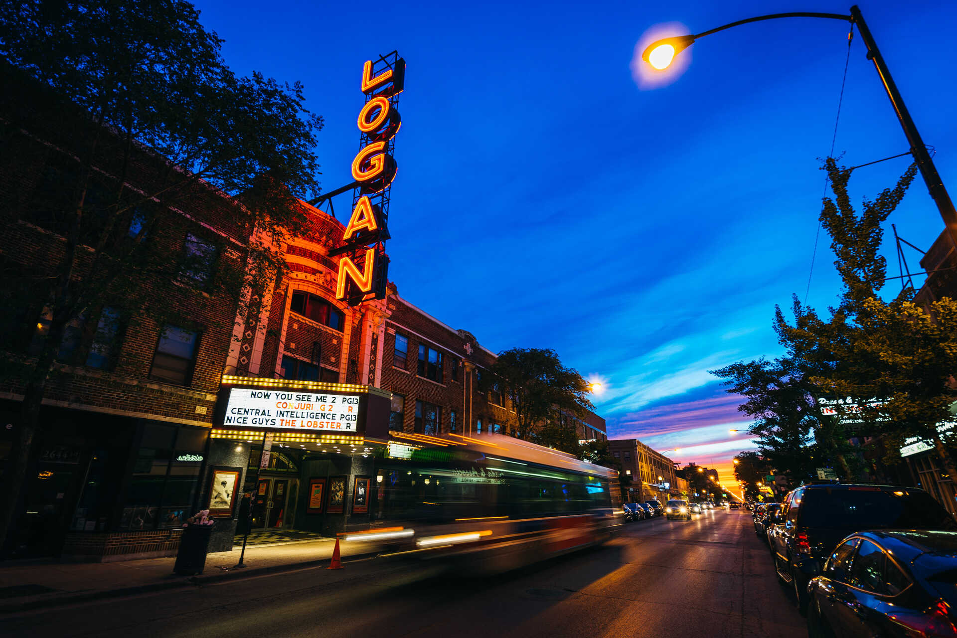 Blue hour long exposure of The Logan Theatre in Chicago, Illinois