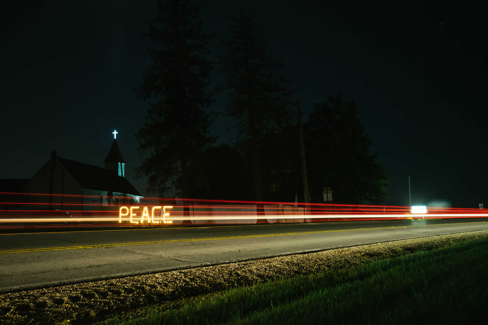 Long exposure of 'Peace' lights at Country Evangelical Covenant Church in Campton Hills, Illinois